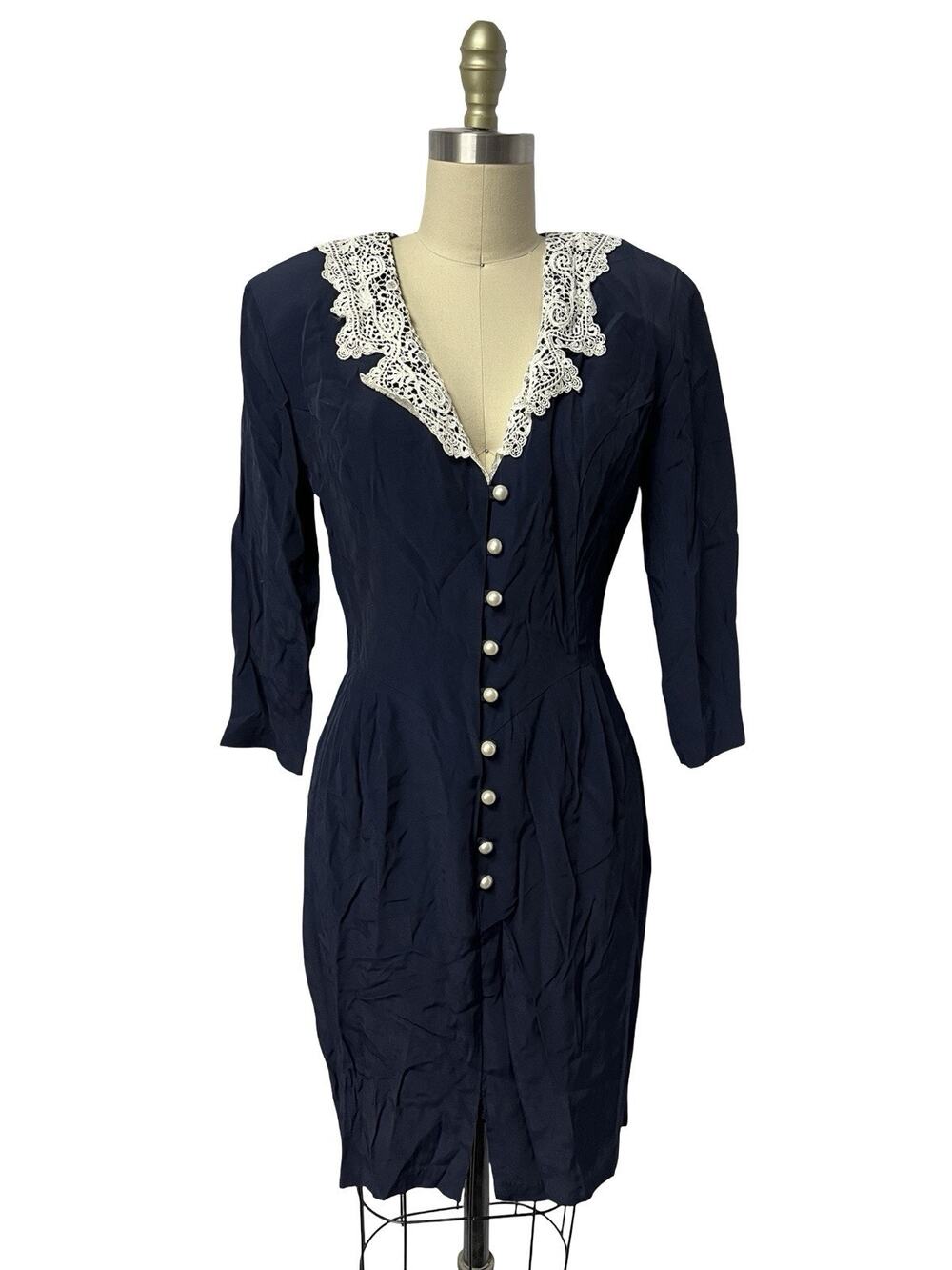 Jonathan Martin Vintage 80s Midi Dress Lace Sailor Collar Nautical Navy Blue 7/8